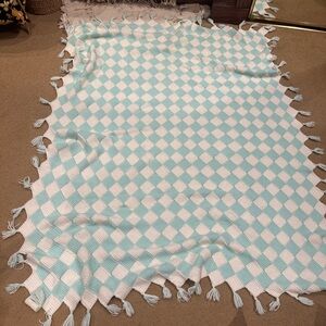 Checkered Blue &  White crochet fringe Throw Blanket boho beauty 44x80 handmade